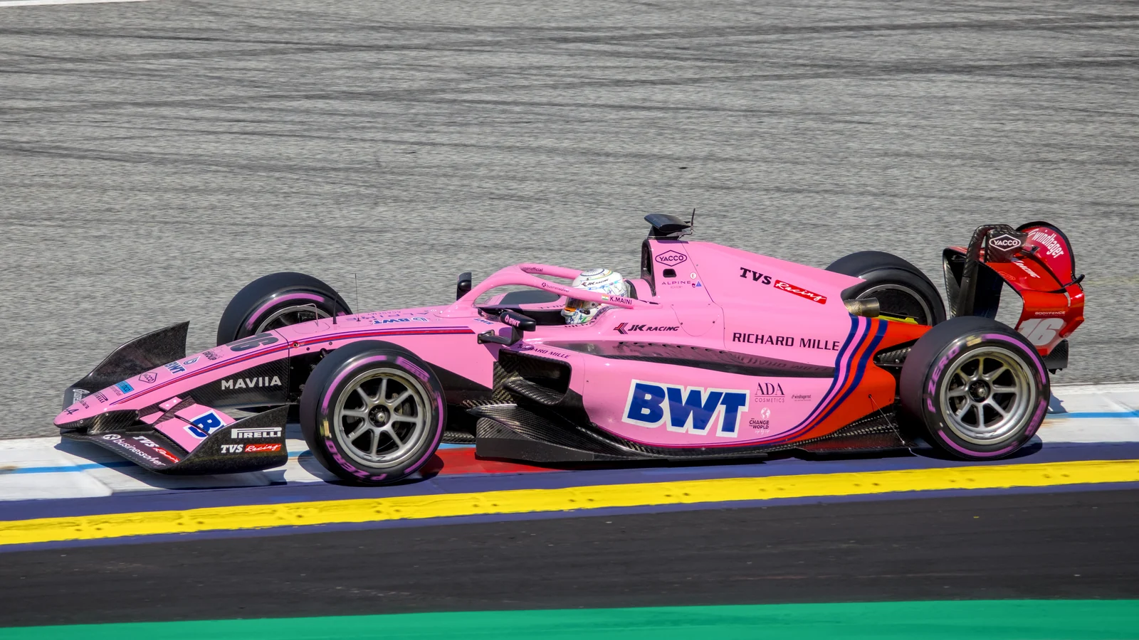 Kush Maini’s pink ART Grand Prix car on track at Spielberg in June 2026.