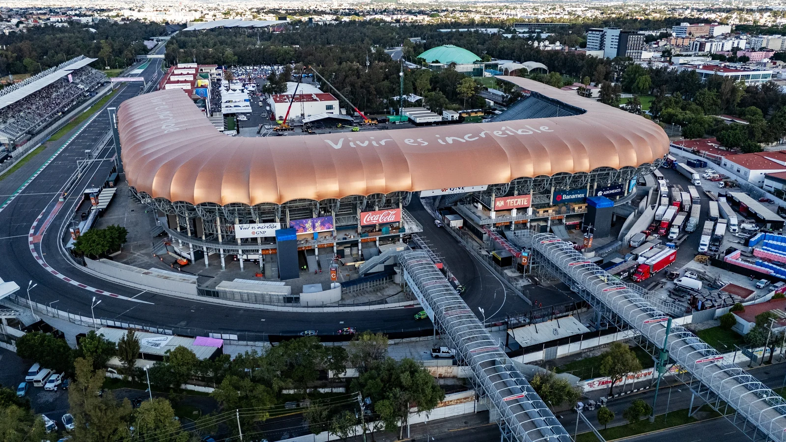 Aerial view of the stadium section at Autódromo Hermanos Rodríguez in August 2025