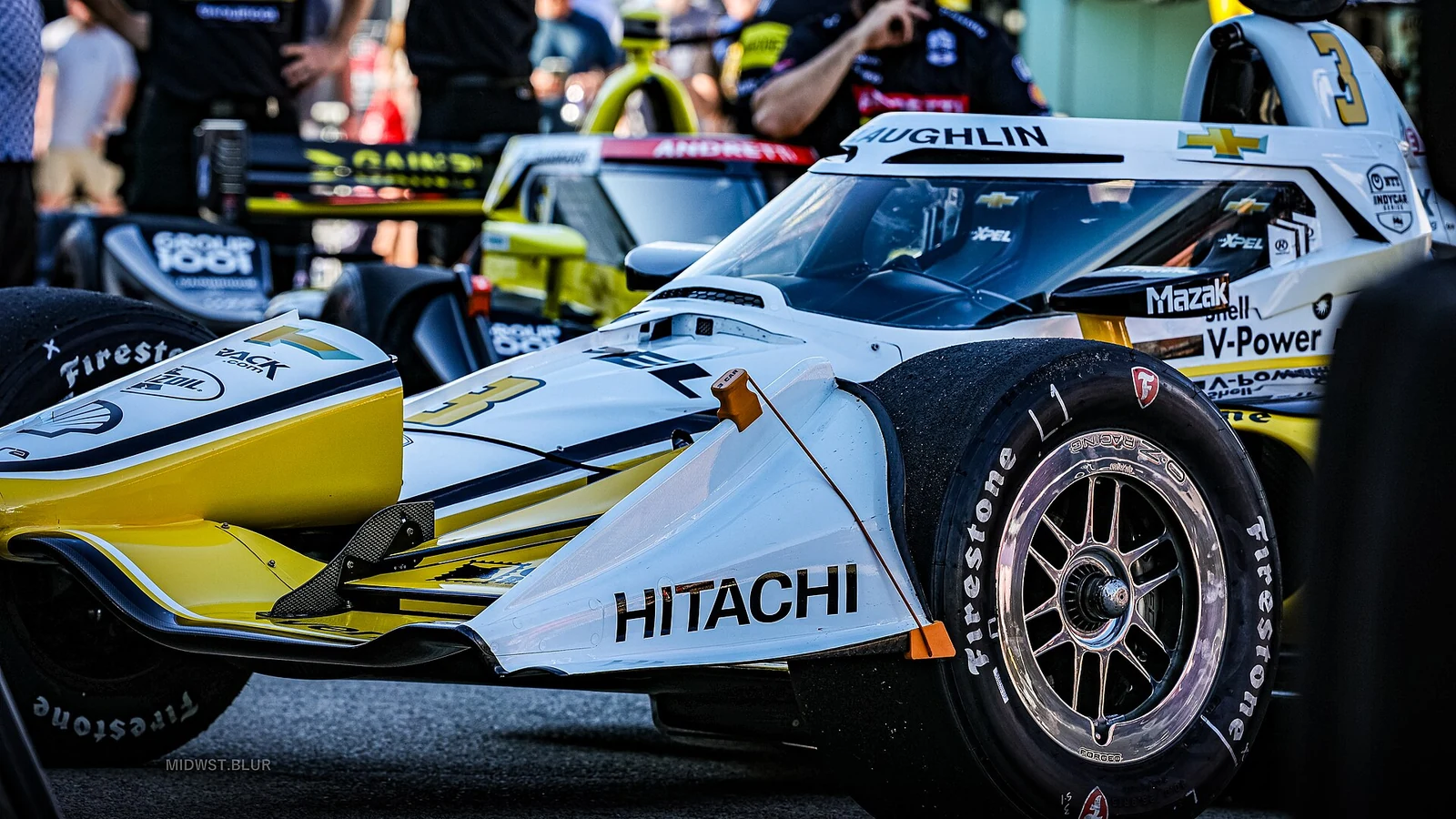 Monopostul Penske cu numărul 3 al lui Scott McLaughlin, cu sigla Hitachi pe aripa față, la Road America în 2025