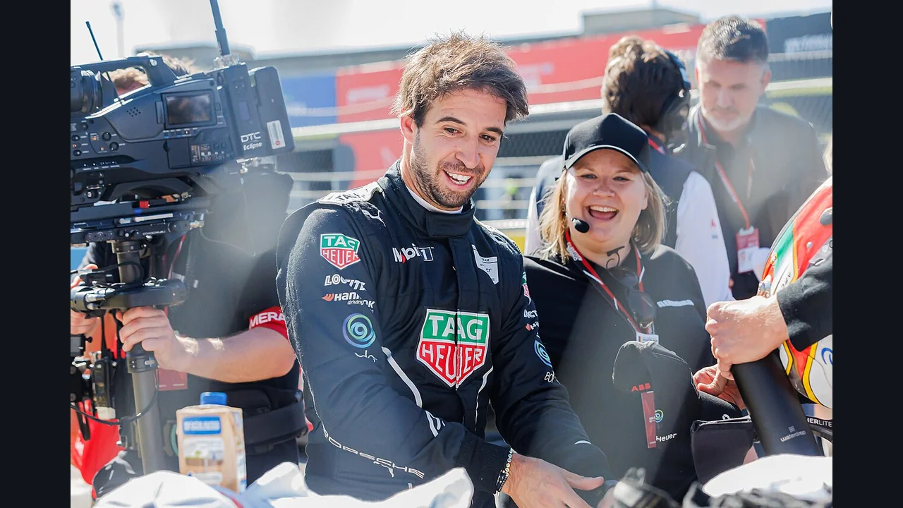 António Félix da Costa celebrates victory at the Berlin E-Prix on 12 May 2024.